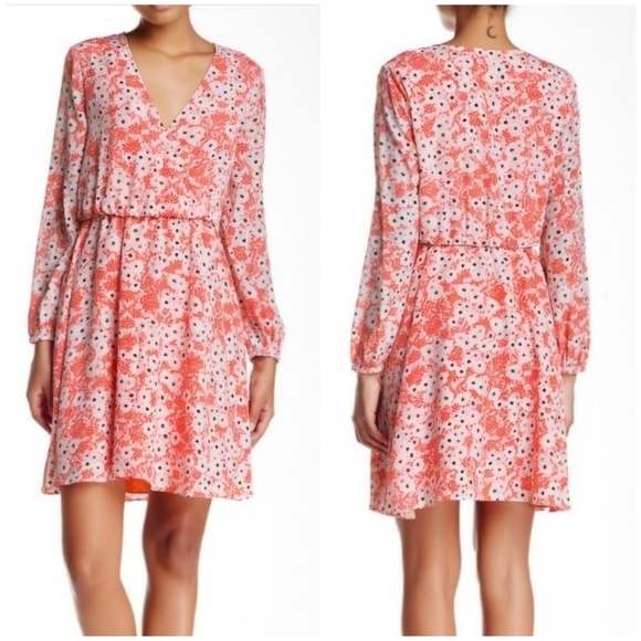 CeCe By Cynthia Steffens Coral Pop Gemma Surplice Long Sleeve Dress Size 12 - Picture 1 of 15